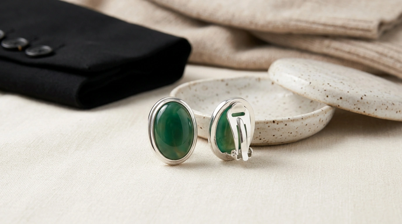 2.2ct Vintage Green Agate Clip Earrings in 925 Silver