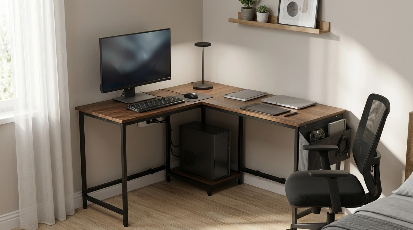 50-Inch L-Shaped Gaming Desk: CPU Shelf + Side Bag