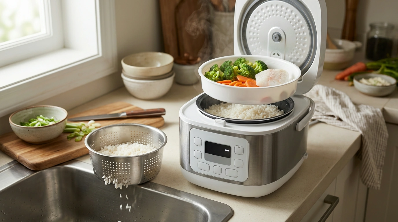 8-Cup Digital Rice Cooker + Steamer with Rinse Basket