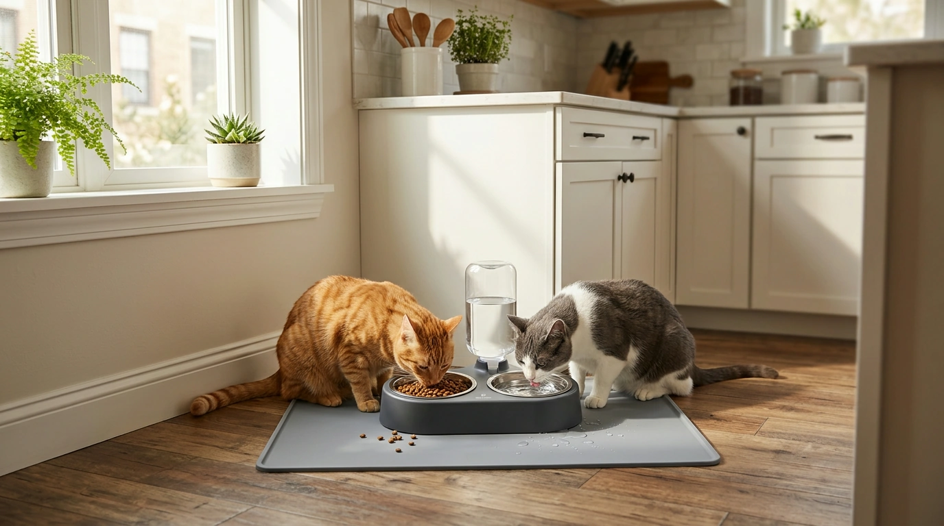 All-in-One Cat Feeding Station: Auto Water + 2 Bowls