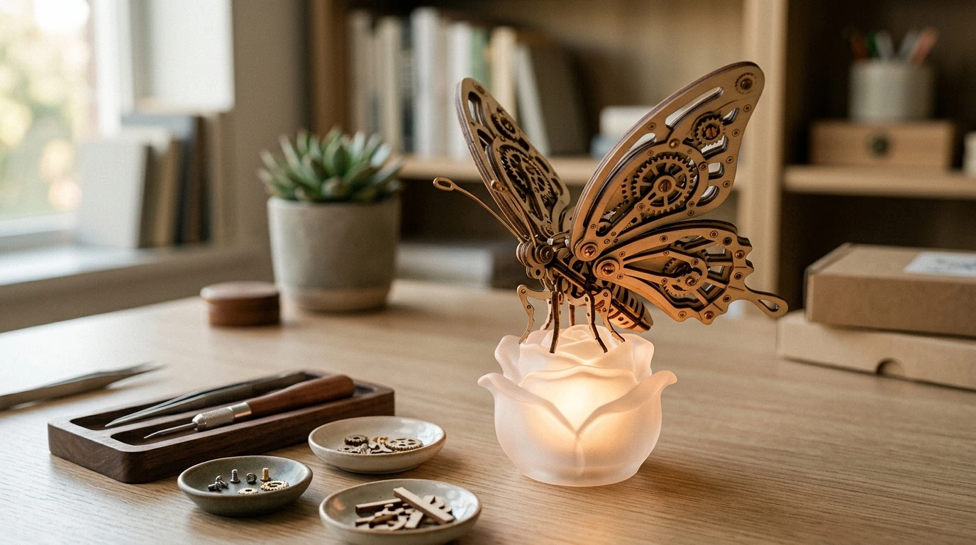Build a Mechanical Butterfly 3D Puzzle With Glowing Rose