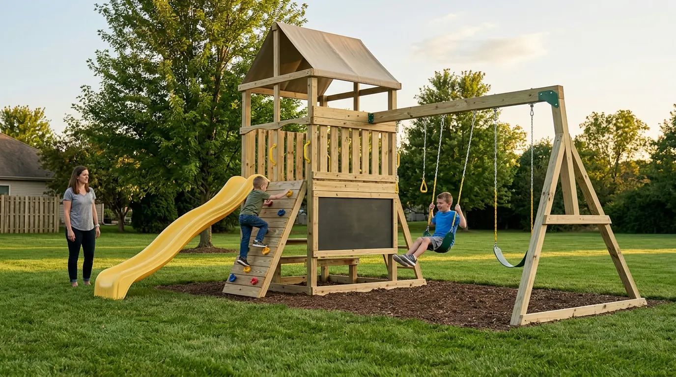 Wooden Swing Set: Dual Swings, Slide, Wall & Chalkboard