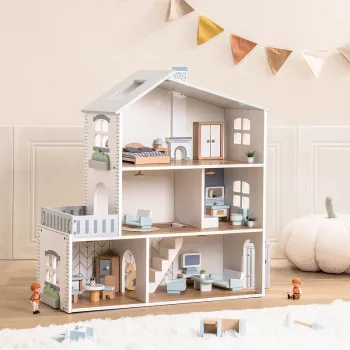 Wooden Dollhouse: 29 Accessories & Adjustable Lights